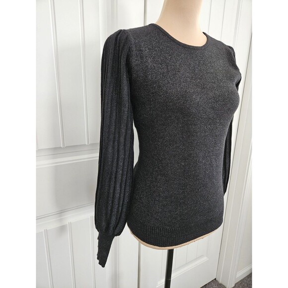 Nanette Lepore Black Lurex Ribbed Balloon Sleeve Sweater Silver Buttons sz M - Picture 2 of 9